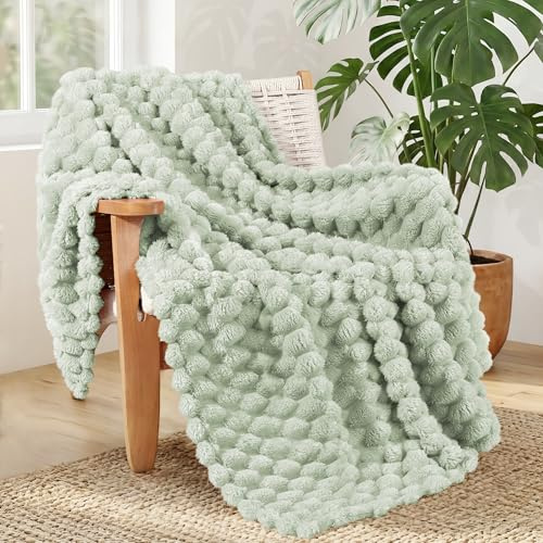 Whale Flotilla Soft 3D Jacquard Fleece Throw Blanket for Sofa, Sage Green | 130x150CM, Lightweight Breathable Soft Cozy Blankets, All Seasons, Fluffy Microfiber, Chair Couch Bed Cover Sheet Bedspread