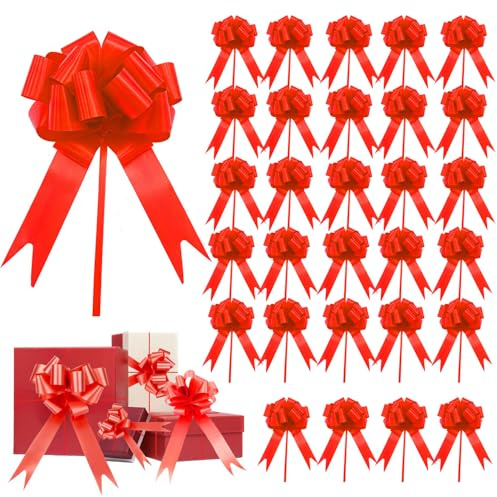 Norhogo 30 PCS Fiocchi Auto Matrimonio Rosso, Fiocco Matrimonio Auto, Fiocchi Rossi Laurea, coccarde per pacchi Regalo per Pacchi Regalo Coccarde Auto-tiranti Fiocchi da Tirare per Regali, Matrimoni