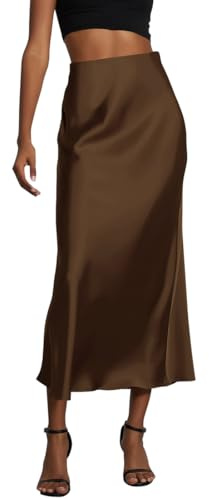 ORANDESIGNE Gonne Raso Donna Lunga Vita Alta Vita Elastica A-Linea Gonna Midi Estate Elegante Gonna Satin per Ospite di Matrimonio Estivo Cocktail Lavoro
