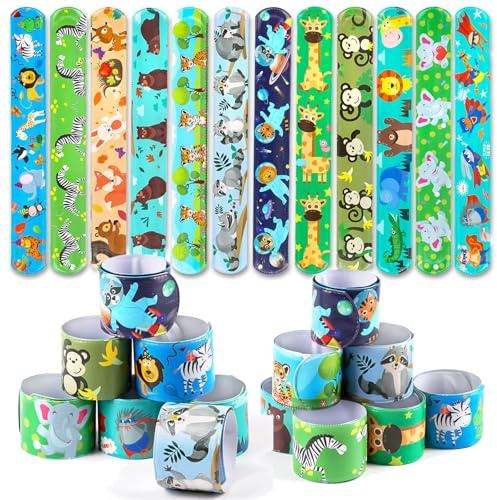 FINGOOO 24 pulseras de animales para niños, safari salvaje, aventura, temática, bandas a presión, regalo de fiesta, suministros de fiesta de selva, relleno de bolsas