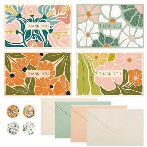 Thboxes 24 Pack Thank You Cards Multipack, 4x6 Inch Thank You Teacher Cards with Envelopes & Stickers, Teacher Appreciation Card Greeting Card for Teacher's Day, Wedding, Graduation, Baby Shower