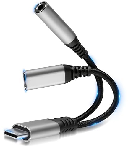 2 in 1 Adattatore per Cuffie USB C e Ricarica, Jack da 3,5mm USB C Supporta PD 60W Ricarica Rapida & Audio, Adaptateur Casque pour Appareils USB-C, Câble AUX Hi-Res