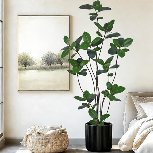 7FT Artificial Green Rubber Tree - 84 Faux Trees Indoor with 68 Lifelike Vivid Leaves and 10Heads, Tall Fake Potted Plant for Home Office Living Room Housewarming Gift Indoor Decor