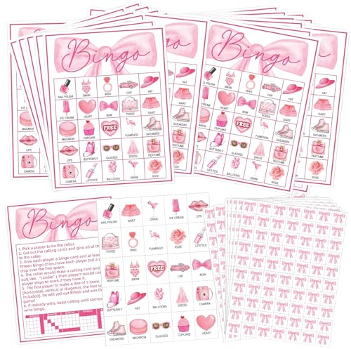 Zetrifoep 33Pcs Bow Bingo Cards Set, Pink Makeup Bingo Game Cards, 24 Players Card with Calling, Marking & Game Instructions Card, Valentine's Day & Girls Birthday Party Favors