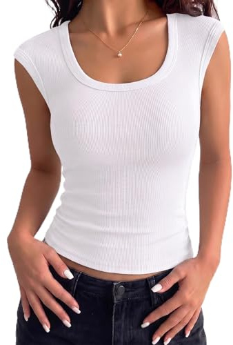 Aottori Womens T Shirts Ribbed Cap Sleeve Top UK Summer Cropped U Neck Slim Fit Tee Shirt Ladies Basic Casual Stretch T-Shirt