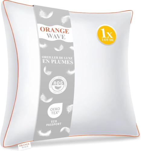 Orange Wave Almohada de Plumas 60x60 cm – Lujo, Almohada para Cama | Almohada para dormir, Calidad Hotelera con Relleno de plumón y plumas, Diseño de tres cámaras, Certificación RDS y Oeko-Tex