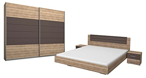 Rauch Möbel Barcelona Schlafzimmer, komplett, bestehend aus 1 Bett 160x200cm, 1 Nachttisch-Paar 50x38x37cm, 1 Schwebetürenschrank 226x210x62cm, Farbe Eiche Sanremo Hell mit Absetzung in Lavagrau