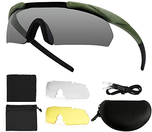 Feyachi Schießbrille mit 3 Austauschbaren Gläsern, Schutzbrille ​Schlagfester Augenschutz, UV-400-Schutz (Armeegrün)