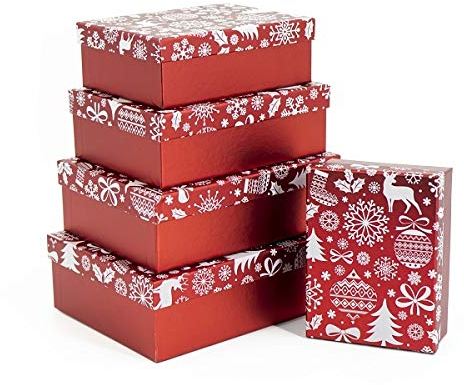 Bambelaa! Kartonage Weihnachts - Design Kisten Schachteln Geschenk Rot Weiß Groß 24,5x18,5x8 cm Klein 16,5x12,5x6 cm