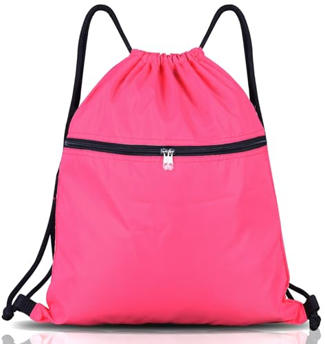 SAWANS Drawstring Bag String Gym Sack Drawstring Sports Bag Swim Men Women Sack Outside Pocket Zipper PE Backpack Beach School Holidays Swimming Travel Boy Girl Waterproof (Pink)