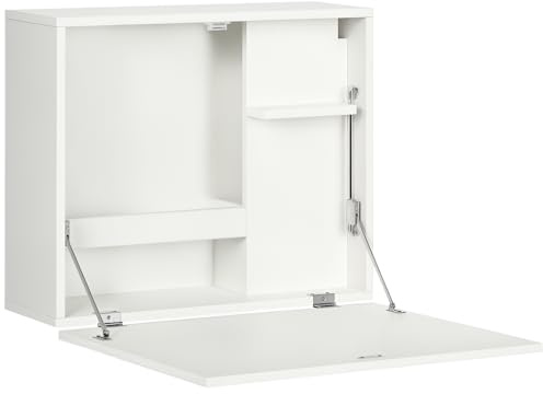 HOMCOM Scrivania a Muro Pieghevole e Salvaspazio con Ripiani, per Studio, Soggiorno e Ufficio, in Truciolato e MDF, 60x21.5x50 cm, Bianco