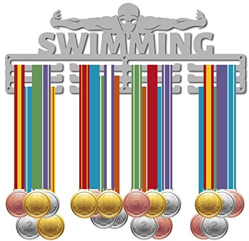CREATCABIN Soporte Medallas Natación Nadador Deporte Medallas Colgador Atleta Premios Exhibición Pared Decoración Acero Inoxidable Metal Colgante para Hogar Insignia Medallista Más 60 medallas 40x15cm