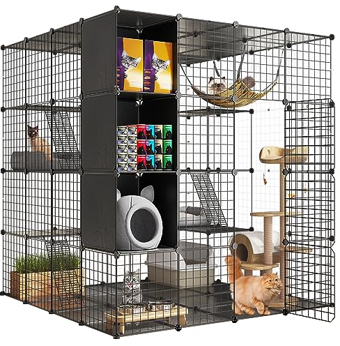 YITAHOME Großer Katzenkäfig mit Aufbewahrungswürfel DIY Indoor Katzengehege Metall-Katzenlaufstall mit großer Hängematte für 1–4 Katzen, 4-stöckige Katzenhütte für Katzen, Schwarz 140 x 140 x 140 cm