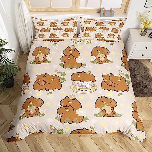 Homewish Set di biancheria da letto per letto matrimoniale, motivo: capibara, con motivo con animali kawaii, decorazione per camera da letto, per bambini