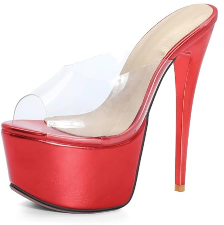 Lroey Reoly Mujeres Mulas, Sandalias de Tacón Alto con Punta Abierta Sin Cordones Tacón de Aguja Mule con Plataforma Transparente, 4133Knd Rojo Talla 37 EU