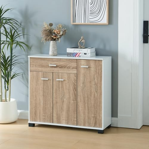 [en.casa] Sideboard Bobeck Flurschrank Mehrzweckschrank Kommode mit Schublade Wonhzimmerschrank für Flur Wohnzimmer Schlafzimmer 72x80x28cm Weiß/Eiche