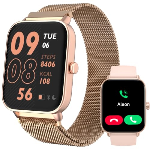 TOOBUR Smartwatch für Damen mit Alexa und Telefonfunktion, 1,8 Fitnessuhr mit 100 Sports, 24/7 Puls, Schrittzähler und Fitness-Tracker, IP68 Wasserdicht, Kompatibel Android iOS, Golden