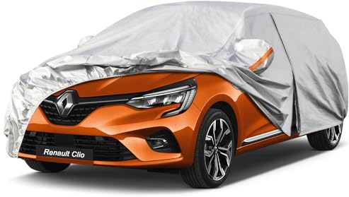 Kayme Autoplane Wasserdicht Atmungsaktiv für Renault Clio Schrägheck (1990-2025), 6 Schichten Vollgarage Autoabdeckung für Regen Sonne Staub Schutz, Autoabdeckung mit Reflektierenden Streifen.