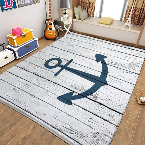 Teppiche Gegend Graue und weiße Holzmaserung und Anker Teppich Wohnzimmer 80 x 150cm Waschbarer Teppich Kurzflor Teppich Anti-Rutsch Unterseite Heimdeko für Schlafzimmer