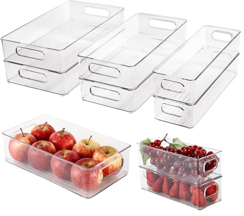 MUNGHOK Lot de 6 Organisateurs de Réfrigérateur Empilables avec Poignées, 3 Tailles, Boîtes de Rangement Empilables pour Réfrigérateur, Système de Rangement pour Réfrigérateur, Placards