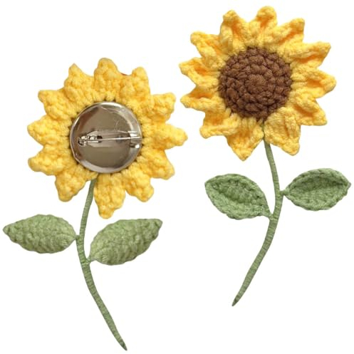 Lot de 2 broches tendance en forme de tournesol pour femmes et filles en laine crochetée - Pour bouquet de tournesol - Accessoire pour vêtements, chapeau, sac - 10 x 5 cm, 10x5cm, Métal Fil de laine