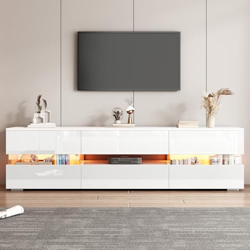 BTM Meuble TV Bois avec LED, Meuble TV Moderne avec 2 Portes et Tiroir, Compartiment Ouvert, Blanc pour Télévisions 70 Pouces, pour Salon ou Chambre, Charge de 50kg, 160x39x45cm