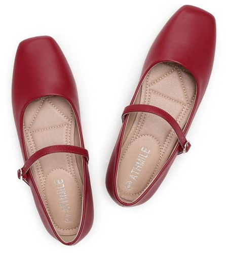 ATHMILE Mary Jane Shoes Women Ballet Flats Shoes for Women Slip on Comfortable Dressy Adjustable Strap for Work Office Business Casual Dark Red