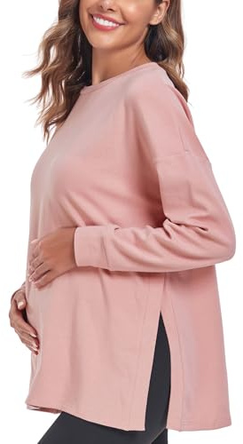 Love2Mi Women’s Maternity Tops Long Sleeve Loose Fit Maternity T-Shirt Split Side Breastfeeding Top Maternity Clothing Dusty Pink
