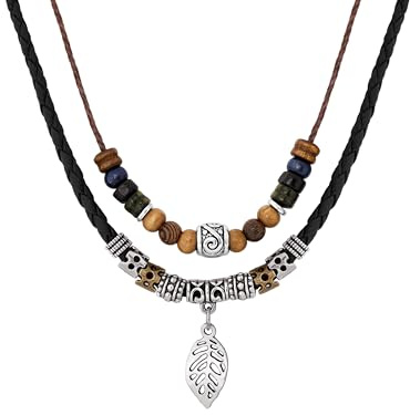 Hanary Collier en corde tressée colorée, perles en bois multicouches