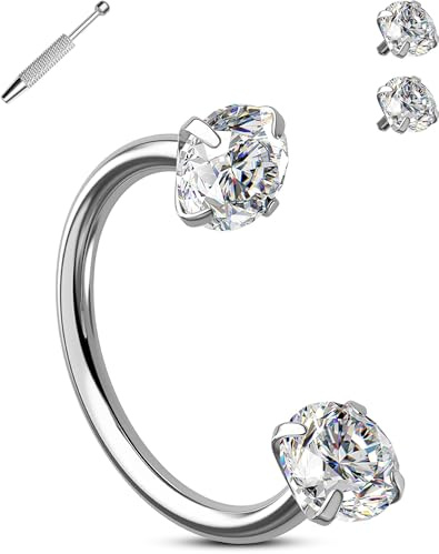 OUFER 20G Horseshoe Nose Rings Studs, 8 mm Internally Threaded Helix Cartilage Lip Eyebrow Ear Jewellery 316L Surgical Steel, Double 3 mm Cubic Zirconia Replacement Ball, One Piercing Ball Grabber