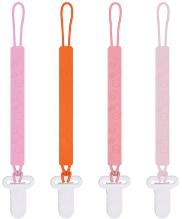 One Piece Design Silicone Pacifier Clip Holder for Baby Boys and Girls,Pack of 4 Flexible Paci Leash,Binky Clips,Newborn Essentials (Flowers & Leaves, Pink)