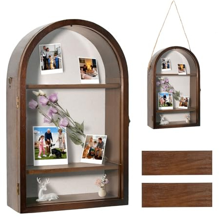 Shadow Box Frame 10x16 Large Shadow Boxes Display Cases with Removable Shelves, Linen Back & Acrylic Door, Memory Box for Medals, Photos, Wedding Bouquet, Keepsakes & Pet Memorials Walnut