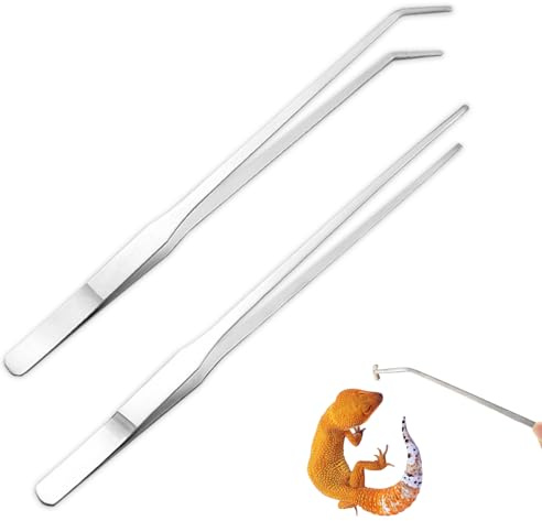2-Piece Stainless Steel Reptile Feeding Tongs Set - 10.6 Inch Straight & Curved Tweezers for Aquarium and Terrarium Pets