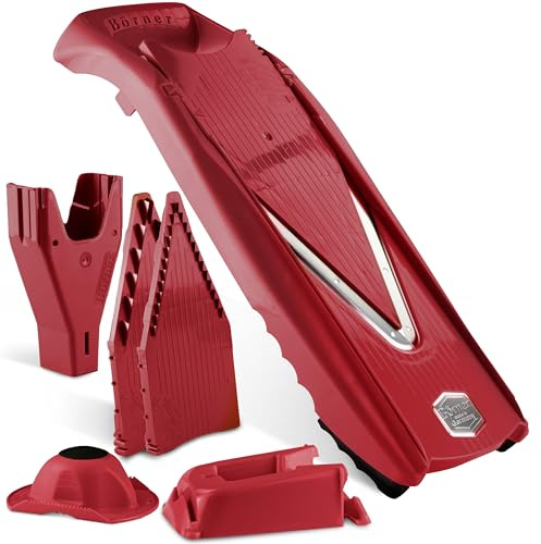 Mandoline Food Slicer Börner V5 (Profi Set) by Reston Lloyd • V-Slicer with 4 Inserts, Docking Station & Food Holder • Made in Germany • Fruit & Vegetable Chopper • Multiple Settings • Color: Red