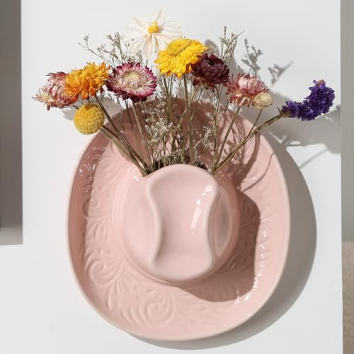 Hanging Wall Planters for Indoor Plants, Wall Vases for Flowers, Ceramic Cowboy Hat Vases for Decor, for Bathroom, Living Room, Office, and Home Decor.Light Pink