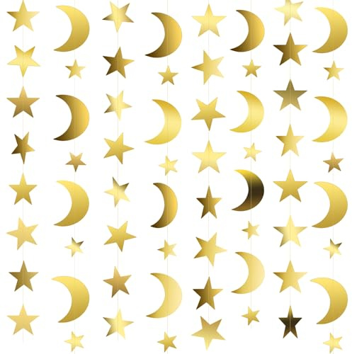 5 Pack Gold Moon Star Garland Glitter Paper 65Ft Moons Stars Hanging Streamers Banner Wall Decorations Christmas New Year Ramadan Graduation Birthday Baby Shower EID Muburak Part Favors Supplies Decor