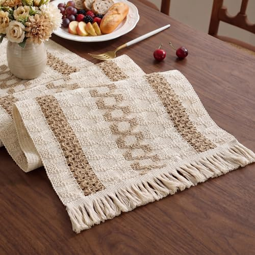 30x180CM Camino De Mesa Lino, Camino De Mesa Rústico con Borlas, Lavable Decoración Hogar Bohemio para Bodas, Fiestas, Bautizo, Rayas Triples