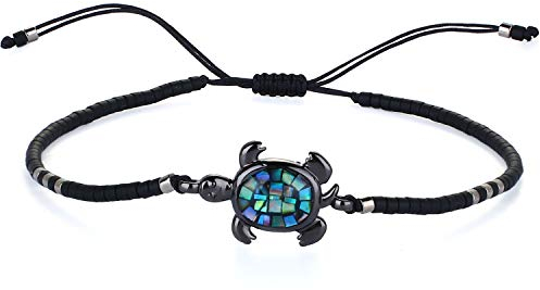 KELITCH Abalone Muschel Perlenarmband Verstellbare Schildkröte Anhänger Rocailles Wickelarmband Freundschaft Armreifen Schmuck (Schwarz)