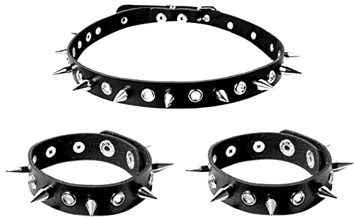 Manfnee 3 STÜCKE Punk Kragen Choker Armband für Damen Herren Schwarz Leder Spike Rivet Armbänder Einstellbar