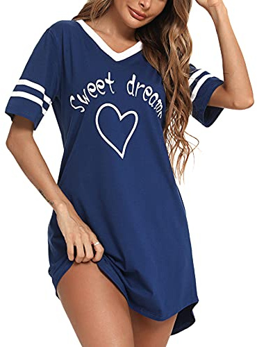 Litherday Nachthemd Damen Nachtwäsche Baumwolle Loungewear Nachtkleid Kurz Negligee Streifen Kurze Ärmel Sleepshirt Kurzarm V-Ausschnitt Sleepwear Bequeme Freizeitkleid, Marine, S