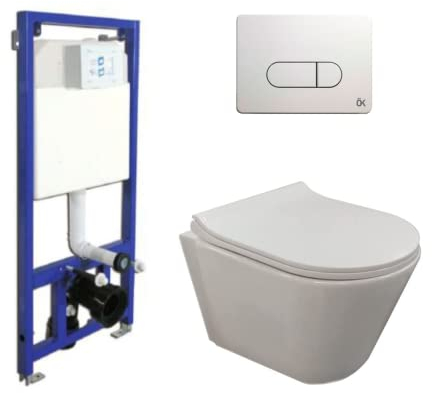 Pack Inodoro Suspendido Blanco Brillo y Cisterna Empotrada Autoportante con Pulsador BLANCO | Inodoro Suspendido Blanco Brillo Rimless Sin Borde de Fondo Reducido y Asiento Extrafino