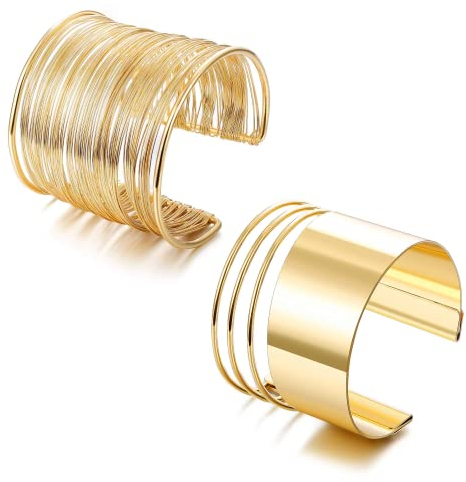 JeryWe 2 Stücke Oberarm Manschette Armreif Set für Frauen Damen Silber, Gold Oberarmreif Verstellbares Spiralarmbänder Minimalistischen Breit Armbänder