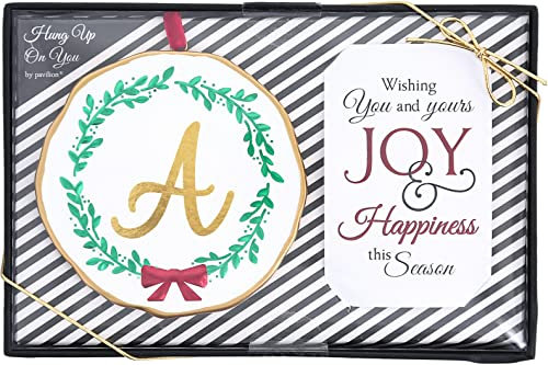 Pavilion Gift Company Christmas Monogrammed Ornament - 4” Gold and White with Holly and Red Bow Round Holiday Keepsake Gift - Initial A - Gift Ready Packaged Set