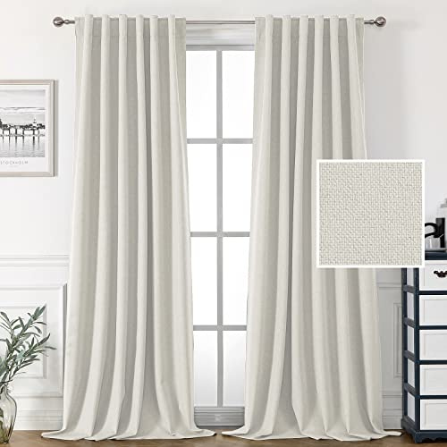 H.VERSAILTEX 100% Blackout Linen Curtains for Bedroom 96 inch Light Blocking Drapes with Double Face Linen Back Tab Loop Pocket Textured Burlap Curtains for Living Room 2 Panels, Heather Off White