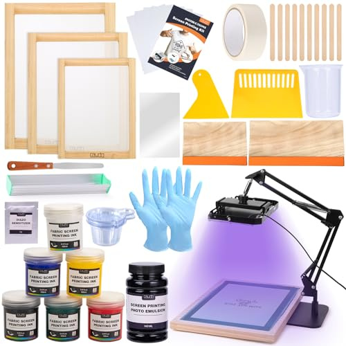 Caydo Kit per serigrafia da 54 PCS Inculde Luce per serigrafia a LED da 50 W, inchiostro da stampa a 6 colori, emulsione fotografica per serigrafia, emulsione a palette per emulsione e istruzioni