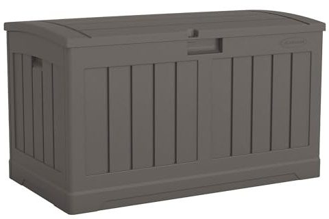 Suncast 50 Gallon Plastic Deck Box with Molded Lockable Feature and Weathertight Construction for Home, Patio, Lawn, and Garden Storage, Gray