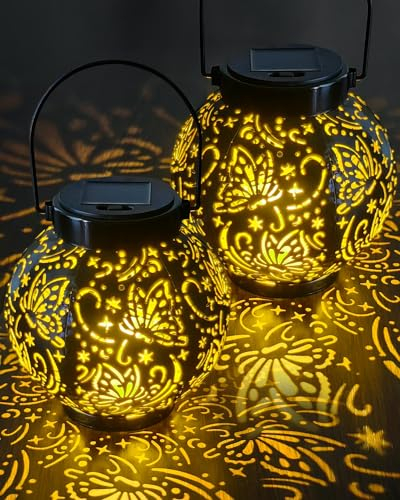 2025 Newest Solar Lanterns Light, KALAHOL 2 Pack Outdoor Lanterns for Garden with Beautiful Pattern, IP44 Hanging Solar Lights Outdoor Garden for Outside Table Patio Balcony Courtyard