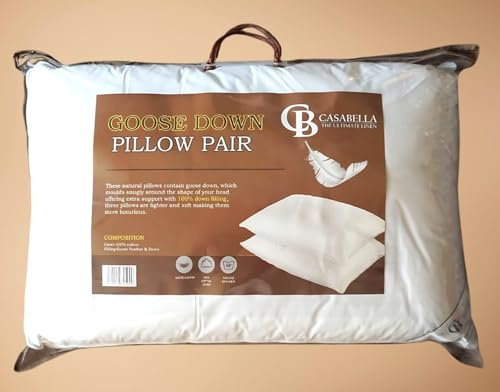 Casabella Luxury Goose Feather & Down Pillows - 2 Pack - Premium Quality, 100% Cotton Shell, Hypoallergenic, Hotel Pillows, Medium & Soft Firmness, UK Standard Size (48x74cm)