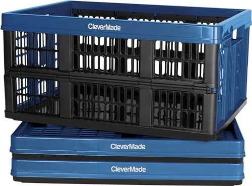CleverMade Collapsible Utility Crates - Ocean 3 Pack 45L / 11 Gal holds 66 lbs - Stackable Containers Heavy Duty Capacity Crates Space-Saving Baskets