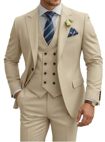 TIJOFA - Completo da Uomo a 3 Pezzi, Slim Fit, Giacca Doppio Petto, Perfetto per Matrimoni. Tuxedo Classico con Un Bottone, Ideale per Eventi Formali, Prom e cene Eleganti., Beige Scuro., XL